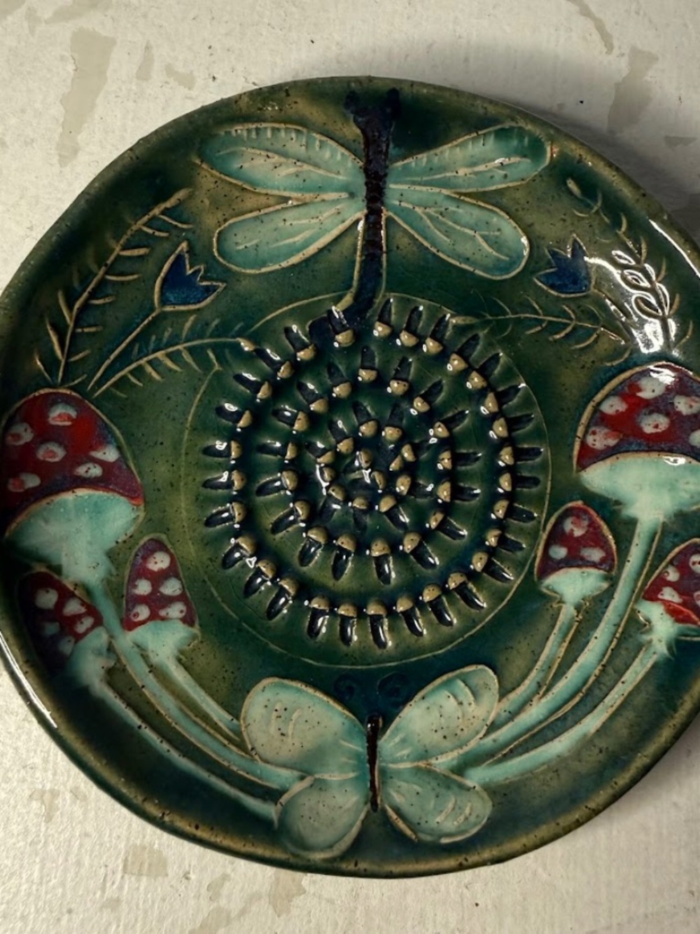 Flutterby Garlic Grater Handmade Pottery Dragonfly Toadstool Mushrooms Forest